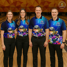 Load image into Gallery viewer, Four people wearing underwater-themed bowling polo featuring a fish mascot wearing sunglasses and a cap, colorful coral reefs, bowling pins, bowling balls, and custom your name text.