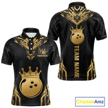 Load image into Gallery viewer, Front and back view personalized bowling polo shirt with a crowned bowling ball centered among geometric gold patterns across a black layout.
