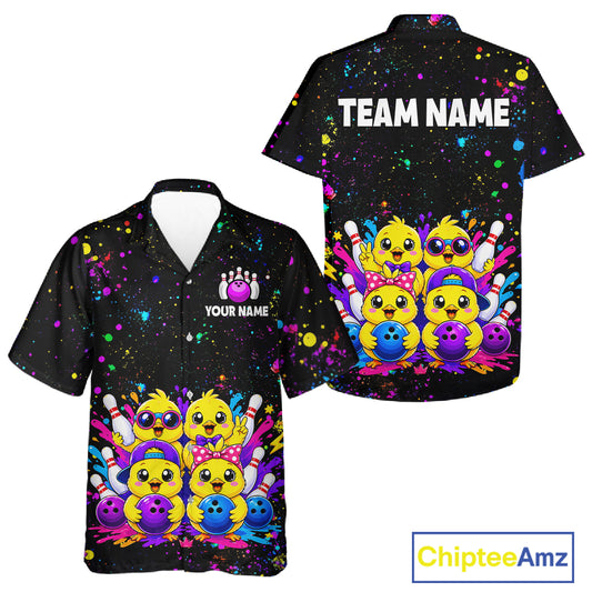 Front and back view personalized bowling hawaiin shirt with cartoon chicks holding bowling balls, framed by pins and colorful paint patterns on a black layout.