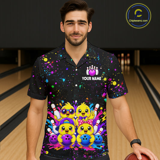 Men wearing personalized bowling hawaiin shirt with cartoon chicks holding bowling balls, framed by pins and colorful paint patterns on a black layout.