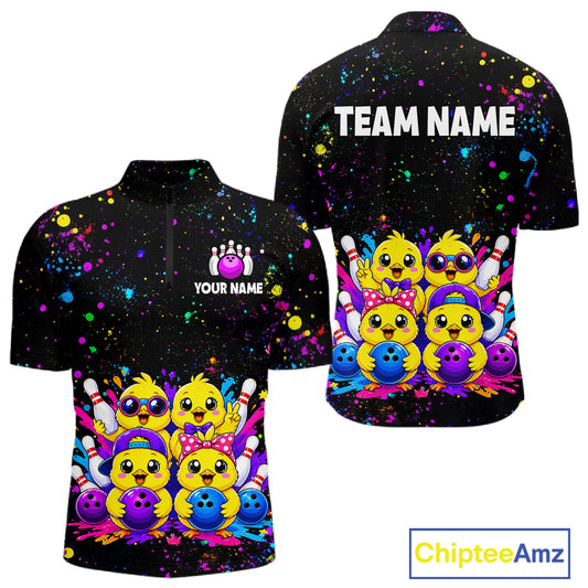 Front and back view personalized bowling quarter zip shirt with cartoon chicks holding bowling balls, framed by pins and colorful paint patterns on a black layout.