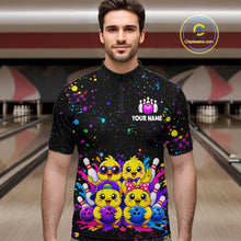 Load image into Gallery viewer, Men wearing personalized bowling quarter zip shirt with cartoon chicks holding bowling balls, framed by pins and colorful paint patterns on a black layout.