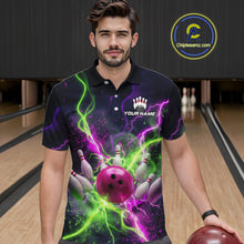 Load image into Gallery viewer, Men wearing personalized bowling polo with pink ball, scattered pins, neon lightning, team name, and player name on black background