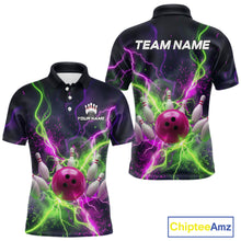 Load image into Gallery viewer, Front and back personalized bowling polo with pink ball, scattered pins, neon lightning, team name, and player name on black background