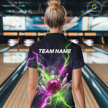 Load image into Gallery viewer, Women wearing personalized bowling quarter zip with pink ball, scattered pins, neon lightning, team name, and player name on black background