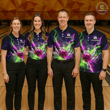Load image into Gallery viewer, Four people wearing personalized bowling polo with pink ball, scattered pins, neon lightning, team name, and player name on black background