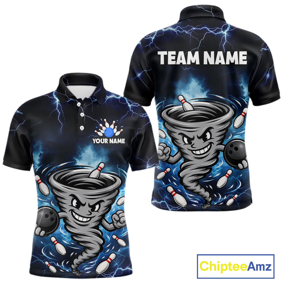 Custom Blue Thunder Lightning Tornado Bowling Jersey for Men Bowling Team Shirts Polo & 1/4 Zip HNT477
