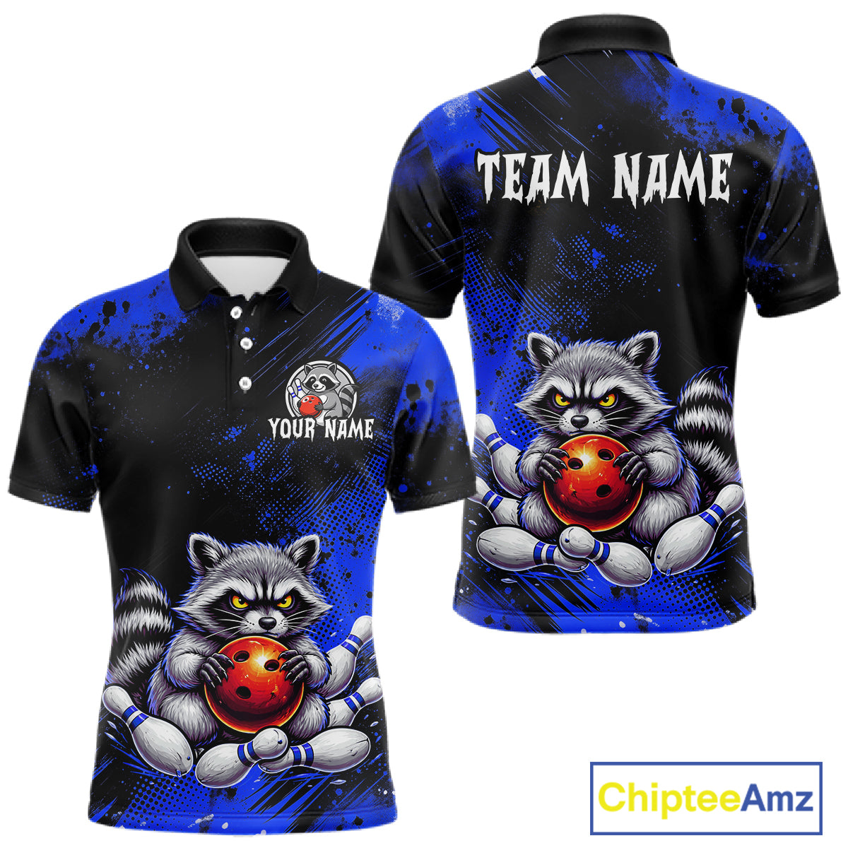 Blue Funny Raccoon Custom Bowling Jersey for Men Bowling Team Shirts Bowling Polo & 1/4 Zip HNT489