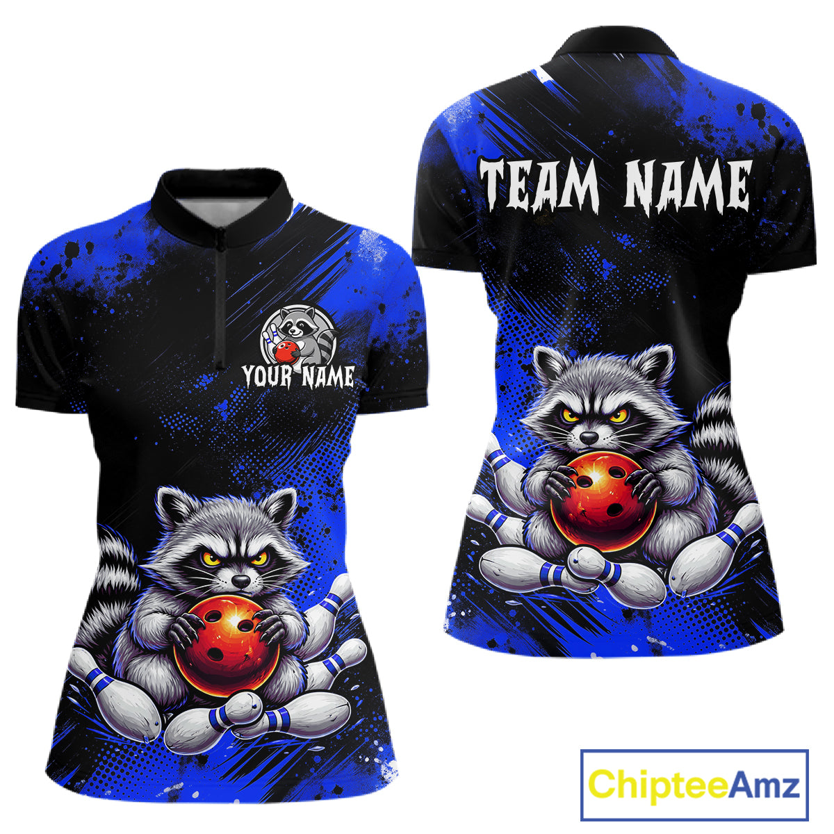 Blue Funny Raccoon Custom Bowling Jersey for Women Bowling Team Shirts Bowling League Polo & 1/4 Zip HNT489