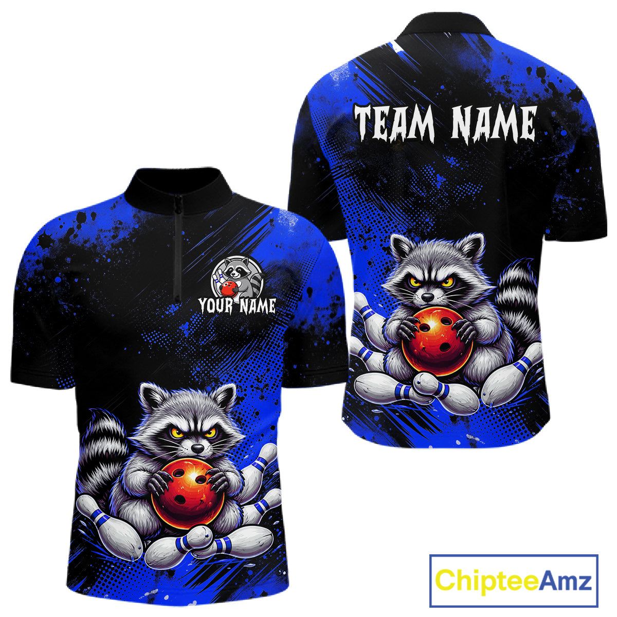 Blue Funny Raccoon Custom Bowling Jersey for Men Bowling Team Shirts Bowling Polo & 1/4 Zip HNT489
