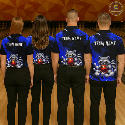 Blue Funny Raccoon Custom Bowling Jersey for Women Bowling Team Shirts Bowling League Polo & 1/4 Zip HNT489
