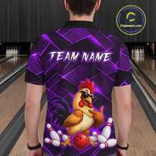 Load image into Gallery viewer, Man wearing a purple and black bowling polo shirt featuring a cool rooster mascot wearing sunglasses, a red bowling ball, bowling pins, and custom team name text.
