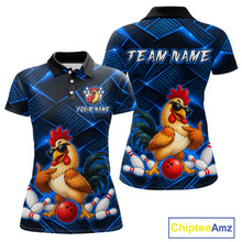 Load image into Gallery viewer, Front and back views of a blue and black bowling polo shirt featuring a cool rooster mascot wearing sunglasses, a red bowling ball, bowling pins, and custom team text.