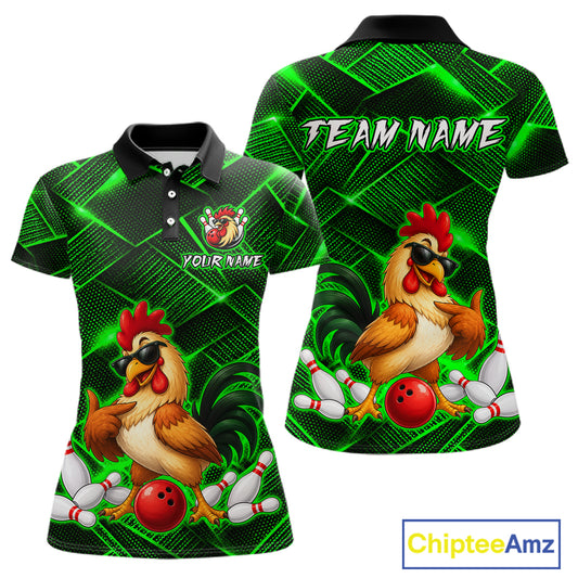 Front and back views of a green and black bowling polo shirt featuring a cool rooster mascot wearing sunglasses, a red bowling ball, bowling pins, and custom team text.