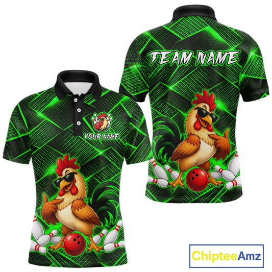 Front and back views of a green and black bowling polo shirt featuring a cool rooster mascot wearing sunglasses, a red bowling ball, bowling pins, and custom team text.