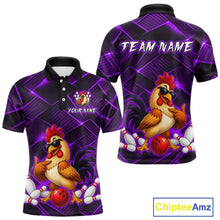 Load image into Gallery viewer, Front and back views of a purple and black bowling polo shirt featuring a cool rooster mascot wearing sunglasses, a red bowling ball, bowling pins, and custom team text.