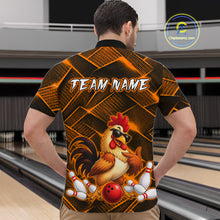 Load image into Gallery viewer, Man wearing a orange and black bowling quarter zip shirt featuring a cool rooster mascot wearing sunglasses, a red bowling ball, bowling pins, and custom team name text.