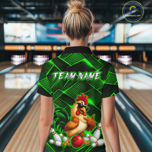 Load image into Gallery viewer, Woman wearing a green and black bowling quarter zip shirt featuring a cool rooster mascot wearing sunglasses, a red bowling ball, bowling pins, and custom team name text.