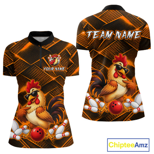 Front and back views of a orange and black bowling quarter zip shirt featuring a cool rooster mascot wearing sunglasses, a red bowling ball, bowling pins, and custom team text.