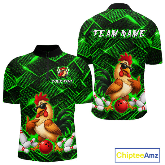 Front and back views of a green and black bowling quarter zip shirt featuring a cool rooster mascot wearing sunglasses, a red bowling ball, bowling pins, and custom team text.