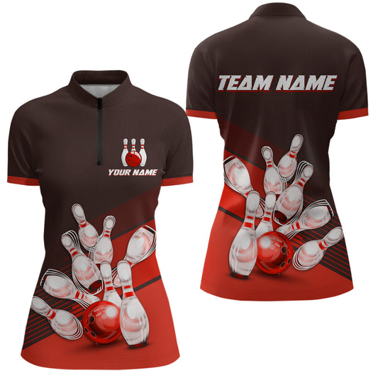 Red Bowling Jersey for Women Custom Bowling Team Shirts Bowling League Polo & 1/4 Zip HNT166