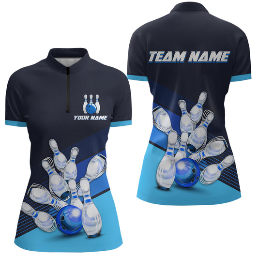 Blue Bowling Jersey for Women Custom Bowling Team Shirts Bowling League Polo & 1/4 Zip HNT166