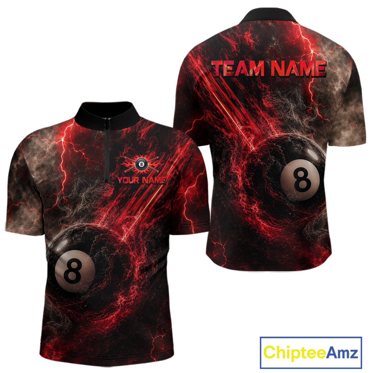 Custom Flaming Red Lightning 8 Ball Billiard Shirt for Men Billiard Team Jersey Billiard League NNT194