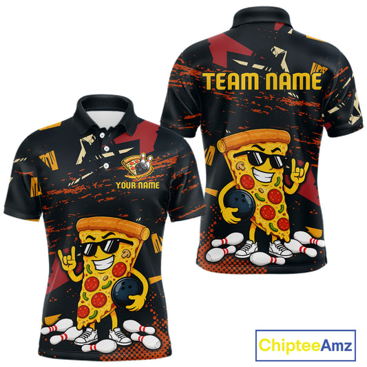 Front and back views of a black bowling polo featuring orange grunge graphics, a sunglasses-wearing pizza slice mascot, bowling pins, and custom team text.