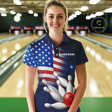 Load image into Gallery viewer, Custom US Flag Galaxy Bowling Jersey for Women Bowling Team Shirts Bowling Polo &amp; 1/4 Zip HNT169