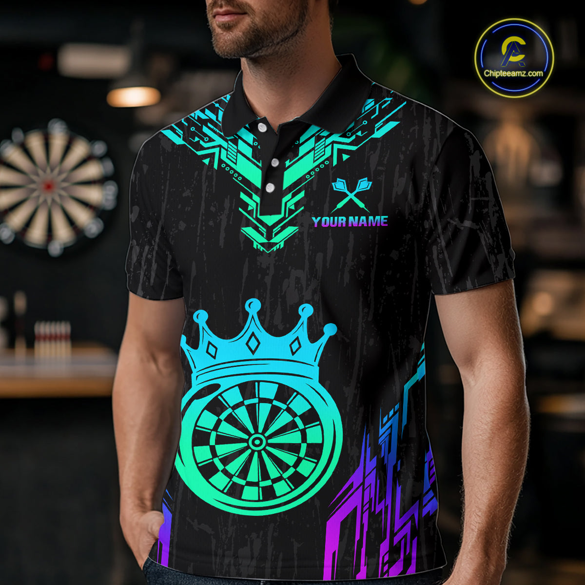 Custom Neon Black Crown Dart Shirts for Men Darts Team Jerseys Dart League Polo & 1/4 Zip NNT140