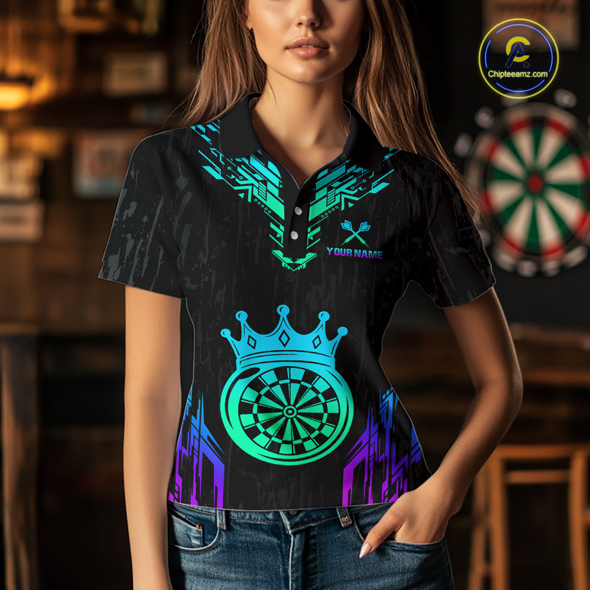 Custom Neon Black Crown Dart Shirts for Women Darts Team Jerseys Dart League Polo & 1/4 Zip NNT140