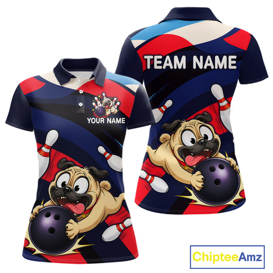 Front and back views of a navy, red, and white bowling polo featuring a cartoon pug holding a purple bowling ball, pins, and custom team text.