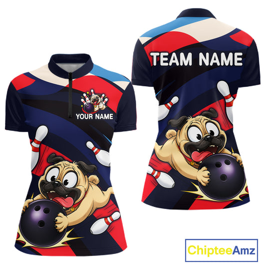 Front and back views of a navy, red, and white bowling quarter zip featuring a cartoon pug holding a purple bowling ball, pins, and custom team text.