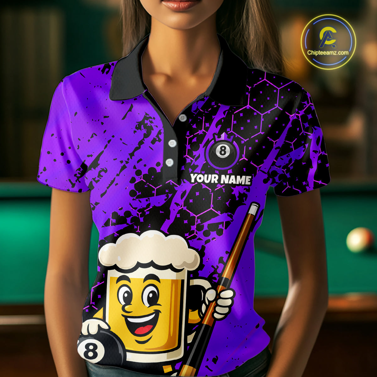 Custom Funny Purple Beer 8 Ball Pool Billiard Shirt for Women Polo & 1/4 Zip, Billiard Team Jerseys NNT147