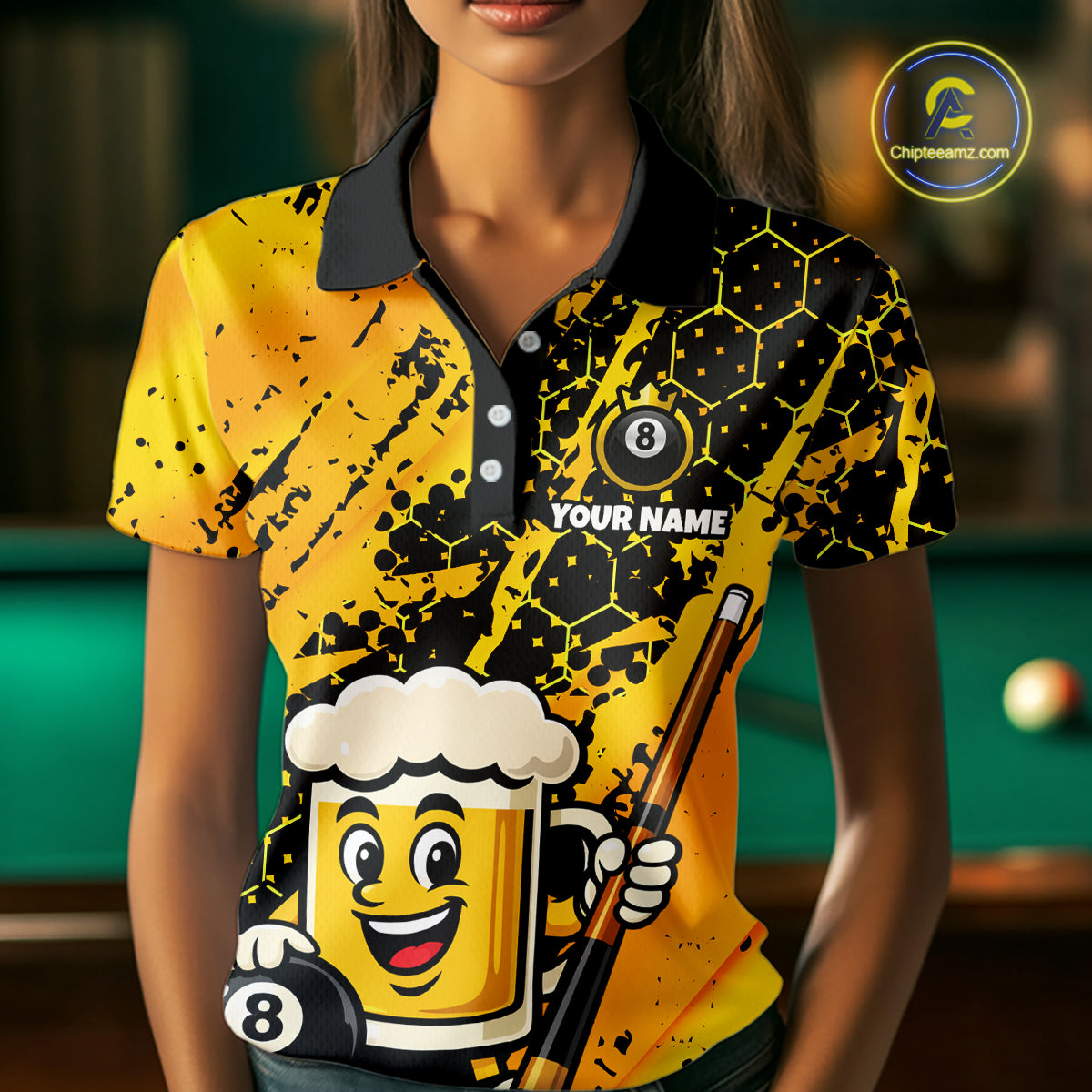 Custom Funny Yellow Beer 8 Ball Pool Billiard Shirt for Women Polo & 1/4 Zip, Billiard Team Jerseys NNT147