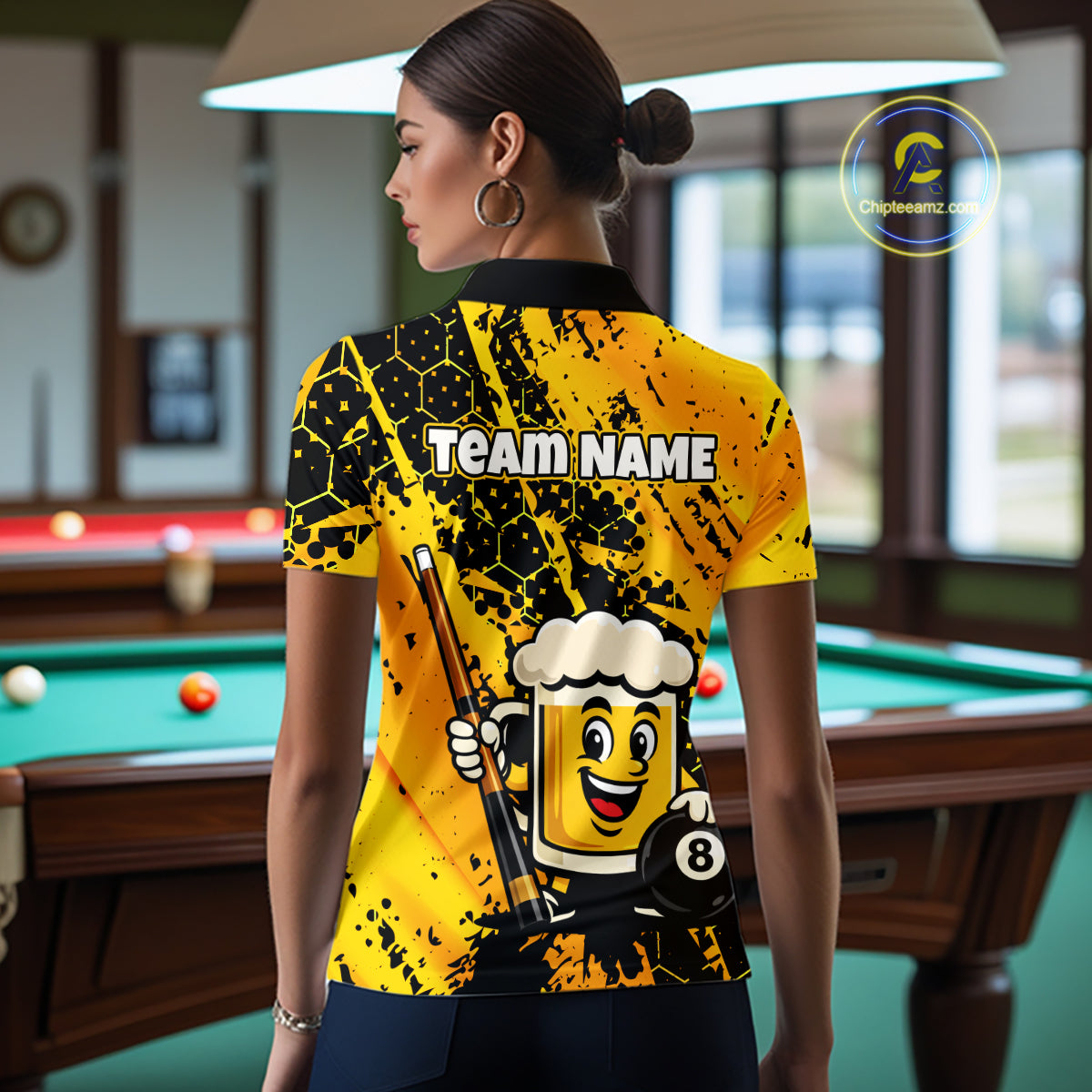 Custom Funny Yellow Beer 8 Ball Pool Billiard Shirt for Women Polo & 1/4 Zip, Billiard Team Jerseys NNT147