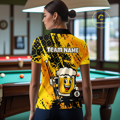 Custom Funny Yellow Beer 8 Ball Pool Billiard Shirt for Women Polo & 1/4 Zip, Billiard Team Jerseys NNT147