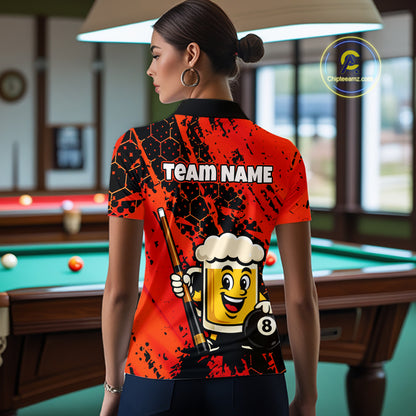 Custom Funny Red Beer 8 Ball Pool Billiard Shirt for Women Polo & 1/4 Zip, Billiard Team Jerseys NNT147