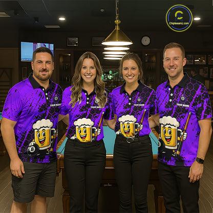 Custom Funny Purple Beer 8 Ball Pool Billiard Shirt for Men Polo & 1/4 Zip, Billiard Team Jerseys NNT147