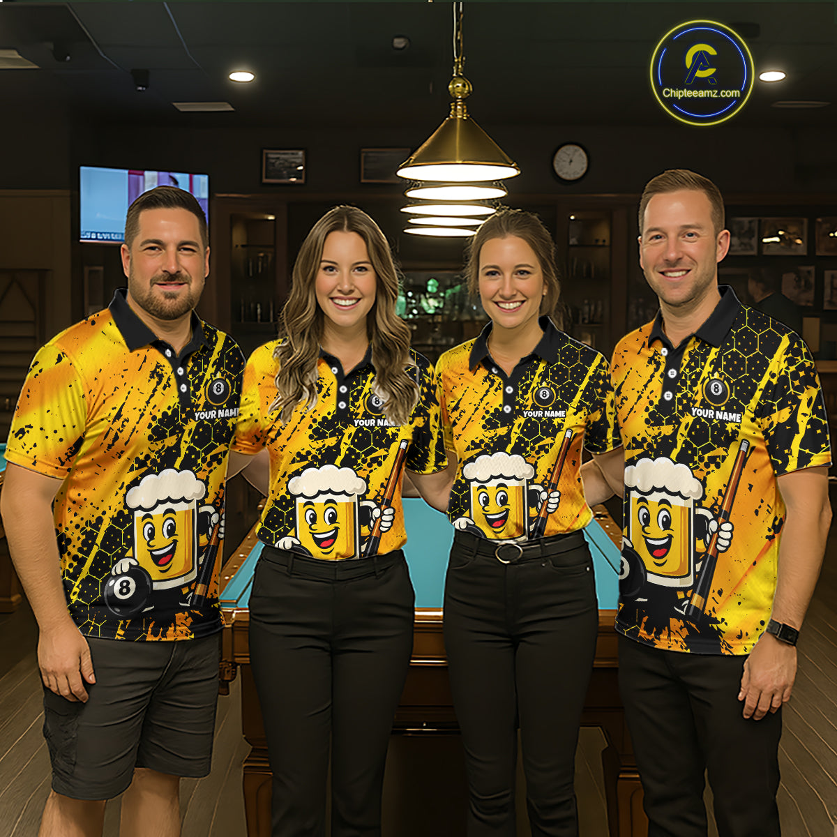 Custom Funny Yellow Beer 8 Ball Pool Billiard Shirt for Men Polo & 1/4 Zip, Billiard Team Jerseys NNT147