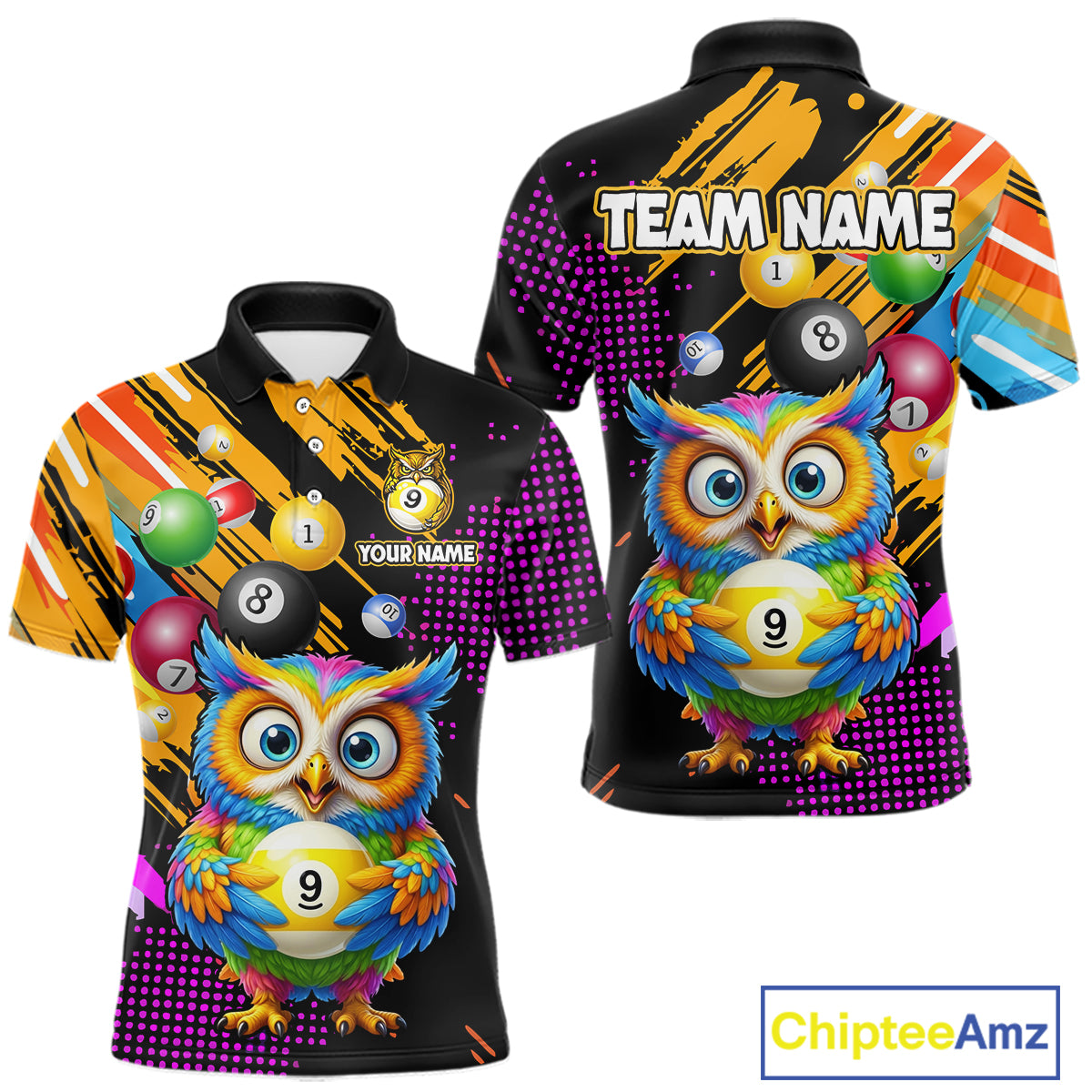 Custom Funny Colorful Owl 9 Ball Pool Billiard Shirt for Men Billiard Team Jersey Polo & 1/4 Zip NNT156