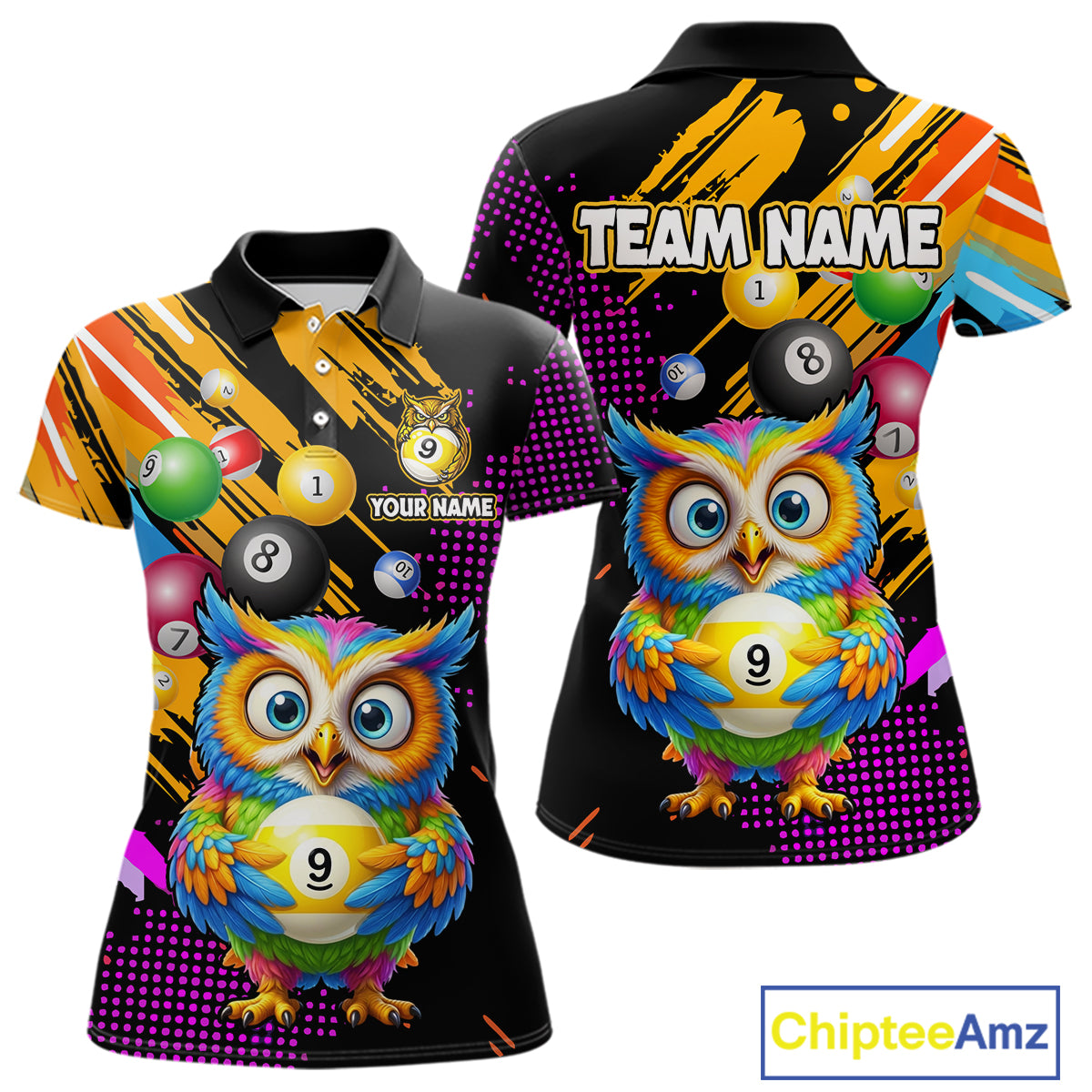 Custom Funny Colorful Owl 9 Ball Pool Billiard Shirt for Women Billiard Team Jersey Polo & 1/4 Zip NNT156