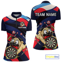 Load image into Gallery viewer, Front and back views of a navy, red, and white darts quarter zip featuring a cartoon pug holding a dartboard, flying darts, and custom team text.
