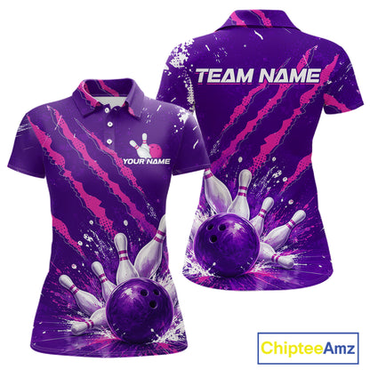 A women's short-sleeve polo shirt shown from the front and back on a white background. The shirt features a vibrant purple and pink bowling-themed graphic print with bowling pins, a bowling ball, and customizable text placeholders 'YOUR NAME' on the front chest and 'TEAM NAME' on the back.