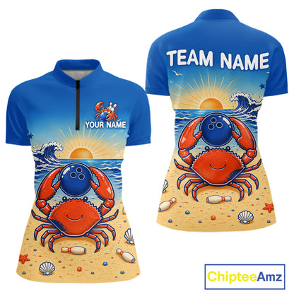 Blue and yellow sports jersey with a crab design on a beach theme, featuring 'Your Name' and 'Team Name' text.