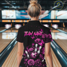 Load image into Gallery viewer, Women’s pink rose butterfly bowling quarter zip shirt, back view on female model in bowling lane 