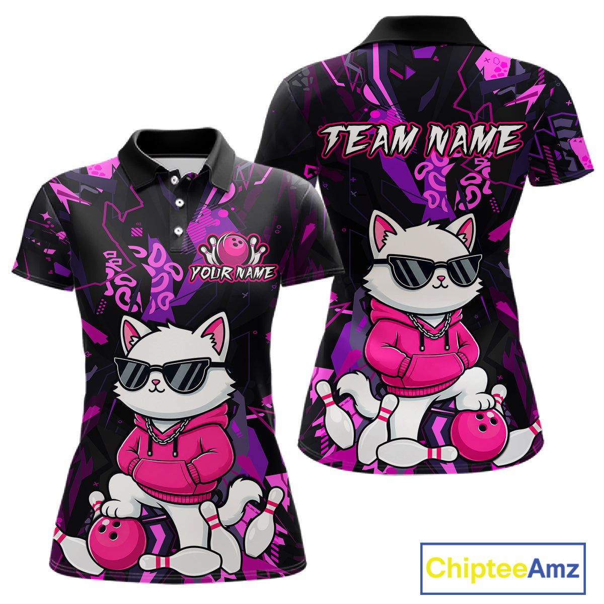 A women's short-sleeve polo shirt shown from the front and back, featuring a black and purple abstract background with a cartoon white cat wearing sunglasses and a pink hoodie, holding bowling balls and pins. The front has 'YOUR NAME' and a bowling pin graphic, while the back has 'TEAM NAME'.