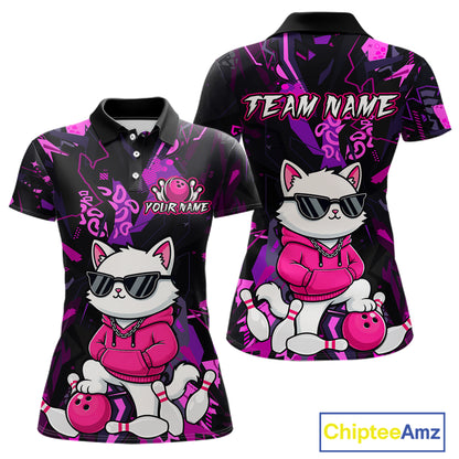 A women's short-sleeve polo shirt shown from the front and back, featuring a black and purple abstract background with a cartoon white cat wearing sunglasses and a pink hoodie, holding bowling balls and pins. The front has 'YOUR NAME' and a bowling pin graphic, while the back has 'TEAM NAME'.