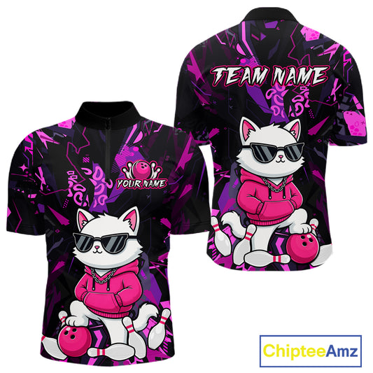Front and back views of a short-sleeve zip-up athletic jersey with a black and vibrant purple abstract background pattern, featuring a cartoon white cat wearing sunglasses, a pink hoodie, and holding bowling balls. The front displays 'YOUR NAME' and a bowling pin graphic, while the back displays 'TEAM NAME'.
