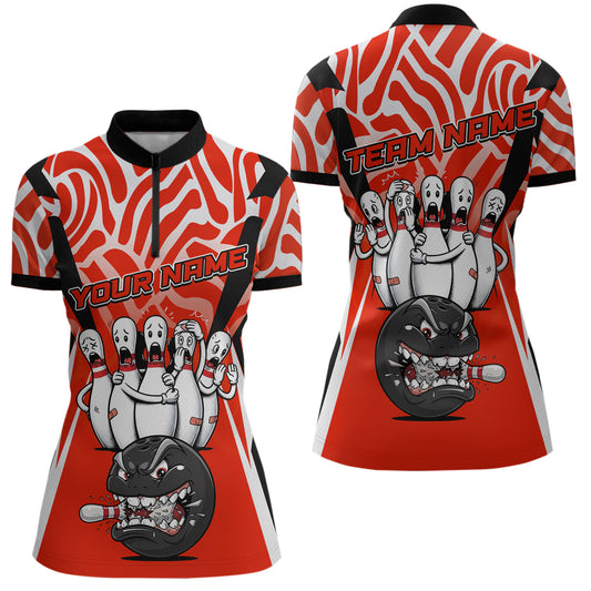 Custom Red Funny Bowling Jersey for Women Bowling Team Shirts Bowling League Polo & 1/4 Zip HNT155
